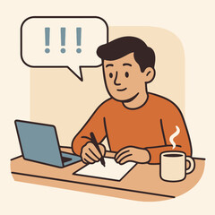Smiling man writing notes at table with laptop and coffee