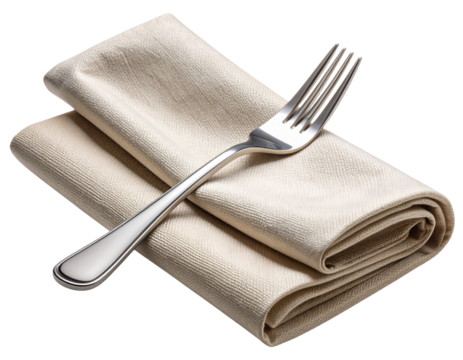  Fork Rolled Inside Beige Cloth Napkin, Diagonal Placement, Isolated on Transparent Background