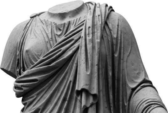 Ancient marble statue torso draped in flowing fabric headless sculpture transparent background