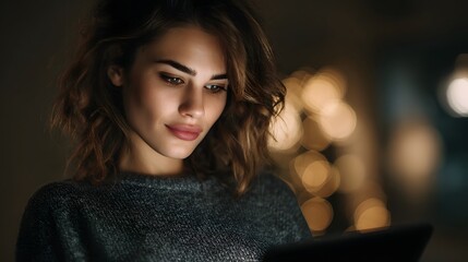 Woman controlling smart home lighting with tablet