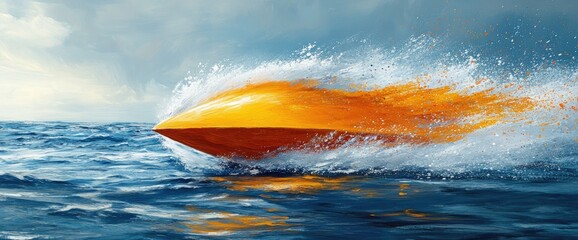 An orange boat speeds across choppy water, creating a splash against a backdrop of a partly cloudy sky