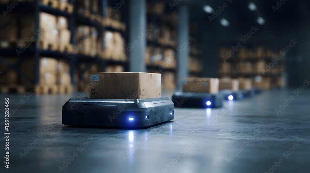 Poster automated robot carts sorting packages in a warehouse with logistics lighting