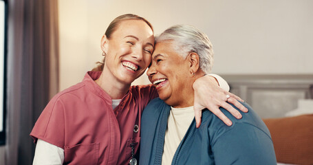 Happy, hug and nurse with senior woman in home for support, empathy or compassion on good news....