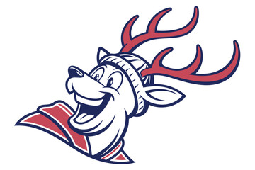 Delightful cartoon reindeer head joyfully smiles, featuring striking red antlers and cozy beanie