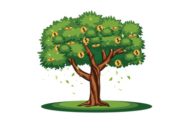 Money Tree Vector Illustration. Conceptual tree with green leaves and gold coins growing on branches, symbolizing wealth, prosperity, investment, financial growth, and abundance.