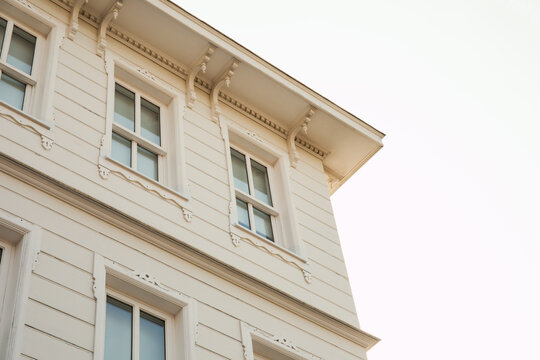 Architectural features and windows of a vintage building