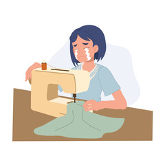 woman cries while sewing showing emotional stress and difficulty during creative work