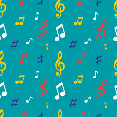  Seamless pattern with colored notes on a blue background