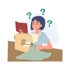 a beginner woman learns to sew at home while reading a confusing manual with question marks showing the challenge of diy fashion