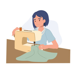 young female beginner trying to sew with sewing machine while looking confused and unsure in her sewing