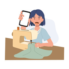 woman uses smartphone for sewing guidance while working on fabric.