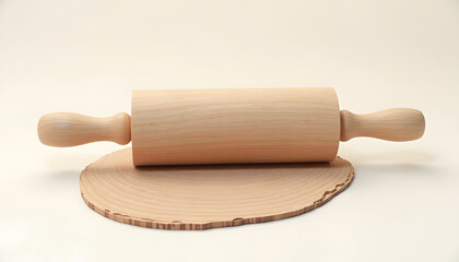 A wooden rolling pin rests atop a flattened, circular piece of dough, ready for baking.