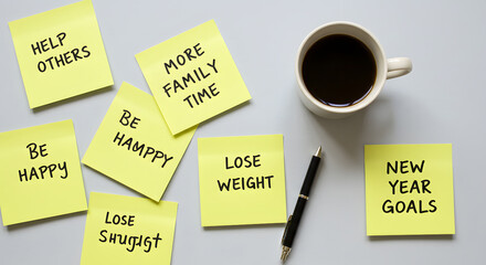 Motivational Yellow Sticky Notes with New Year Goals and Coffee Cup