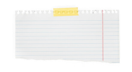Torn lined notebook paper with yellow tape isolated on transparent background