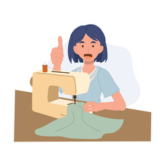a cheerful, joyful woman sewing with a sewing machine while giving a thumbs-up