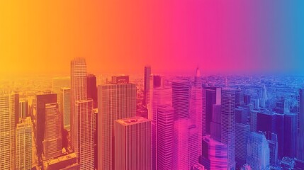Fototapeta premium Aerial View of Cityscape with Gradient Sky Featuring Skyscrapers and Buildings