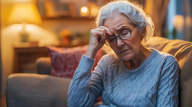Elderly woman feeling stressed at home.