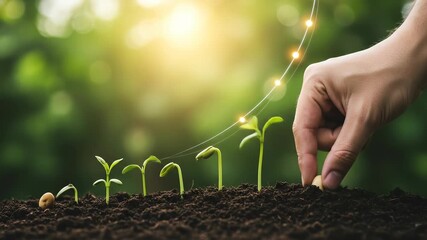 Hand planting seeds in soil showing growth stages and increasing arrow with lights - Powered by Adobe