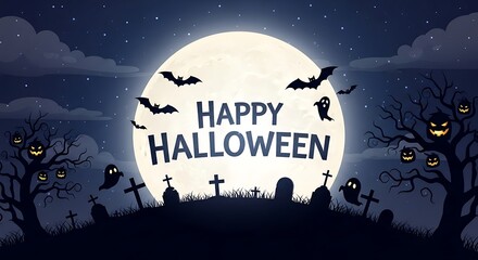 Spooky Halloween Night Full Moon, Bats, and Ghosts in a Festive Celebration