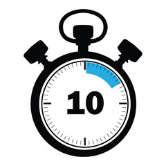 Stopwatch icon showing 10 seconds, blue and black stopwatch illustration, circular stopwatch with 10 seconds mark, ,modern stopwatch icon for productivity and sports on white background.