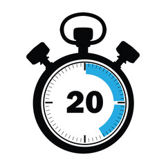 Stopwatch icon showing 20 seconds, blue and black stopwatch illustration, circular stopwatch with 20 seconds mark, ,modern stopwatch icon for productivity and sports on white background.