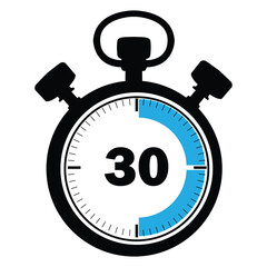 Stopwatch icon showing 30 seconds, blue and black stopwatch illustration, circular stopwatch with 30 seconds mark, ,modern stopwatch icon for productivity and sports on white background.
