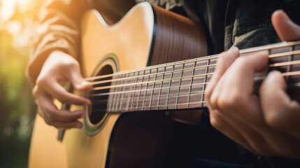 Fototapeta premium Close-up of hands playing an acoustic guitar.
