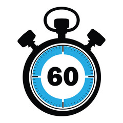 Stopwatch icon showing 60 seconds, blue and black stopwatch illustration, circular stopwatch with 60 seconds mark, ,modern stopwatch icon for productivity and sports on white background.