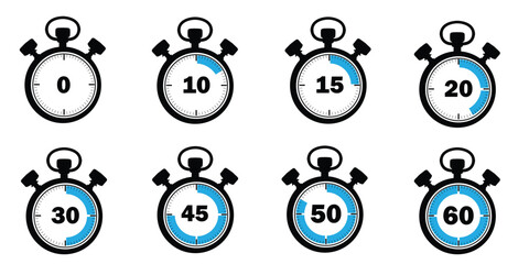 Stopwatch icons collection with different time intervals, stopwatch countdown from 0 to 60 seconds, blue and black stopwatch vector illustration, digital timer icon for productivity and fitness, flat 