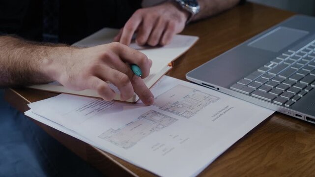 Anonymous shot of a businessman sitting at a laptop, working on apartment planning documents, and transferring data into a personal diary.