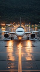 Airplane on a wet runway at night, lights reflecting on tarmac