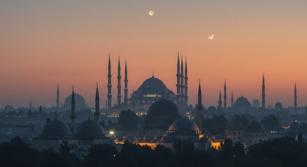 Serene Cityscape at Dawn Majestic Mosques and Crescent Moons Under a Pastel Sky, A Turkish Delight