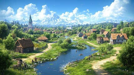 Fototapeta premium Picturesque valley village nestled in a green valley below snow-capped mountains