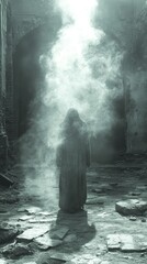 Ethereal figure shrouded in mist stands in ruined archway