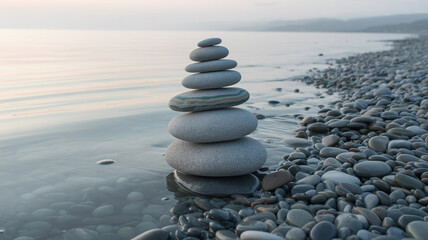Serene stacked pebbles on a shore creating a natural podium symbolizing balance and harmony