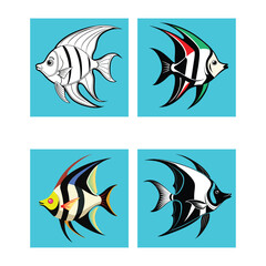 Set of four stylized angel fish icons for aquatic or marine themes