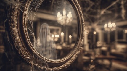 Halloween apparition. An antique mirror reflecting a ghostly apparition within a dimly lit, dusty Victorian parlor.