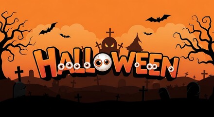 Halloween Night Illustration Spooky Eyes, Bats, and Graveyard Scene