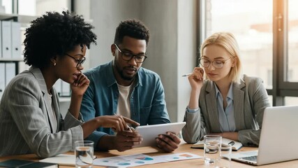 A diverse team of three professionals collaborates around a table, reviewing data on a tablet and laptop - Powered by Adobe