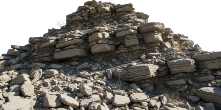 Stacked sedimentary rock layers with broken stones and sparse dry vegetation transparent background