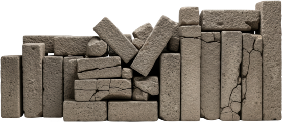 A pile of rough hewn weathered grey stone blocks some cracked and tilted on black transparent background