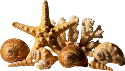 Assorted seashells and natural coral with a prominent starfish ocean beach transparent background