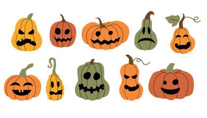 Cartoon Halloween pumpkins with funny and spooky faces in various shapes and colors. Decorative jack o lanterns perfect for autumn, fall, or Halloween themed designs. Vector illustration