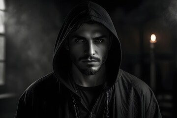 Mysterious Man in Black Hoodie. Fantasy Guy. Hero Guy.