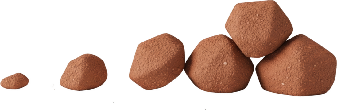 Growing pile of rough textured brown stones increasing in size rock gravel transparent background