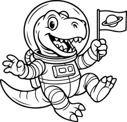 Astronaut T-Rex Dinosaur in Space Isolated Vector Coloring Page