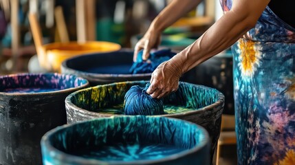 Artisan Dyeing Fabric in Vibrant Hues: Close-up of Hands