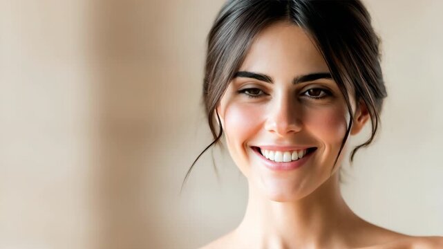 Smiling woman with brown eyes and dark hair shows natural beauty