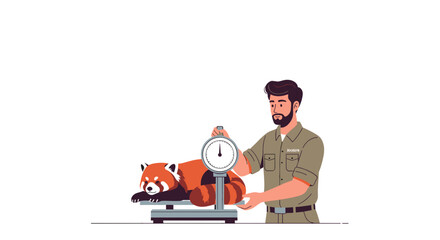  Zookeeper weighing red panda on scale cartoon illustration