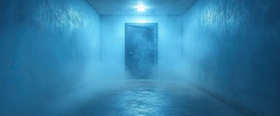 Eerie blue hallway with a closed door at the end and mist on the floor
